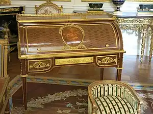 Roll-top desk of Marie-Antoinette; by Jean-Henri Riesener; 1784; oak and pine frame, sycamore, amaranth and rosewood veneer, bronze gilt; 103.6 x 113.4&nbsp;cm; Louvre