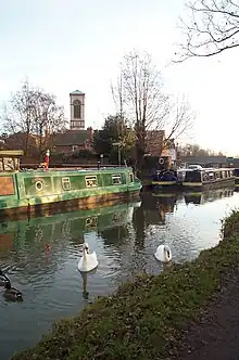 View of the campanile from the northwest across the Oxford Canal.
