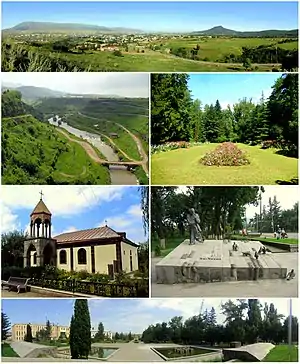From top left:Panoramic view of StepanavanDzoraget River&nbsp;• Stepanavan DendroparkSurp Sarkis Church&nbsp;• Memorial to Sos SargsyanStepanavan central square