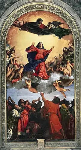 Titian used the historic pigment vermilion to create the reds in the oil painting of Assunta, completed c. 1518.