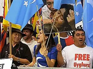 Protesters with the Kökbayraq in front of the United Nations headquarters in New York City
