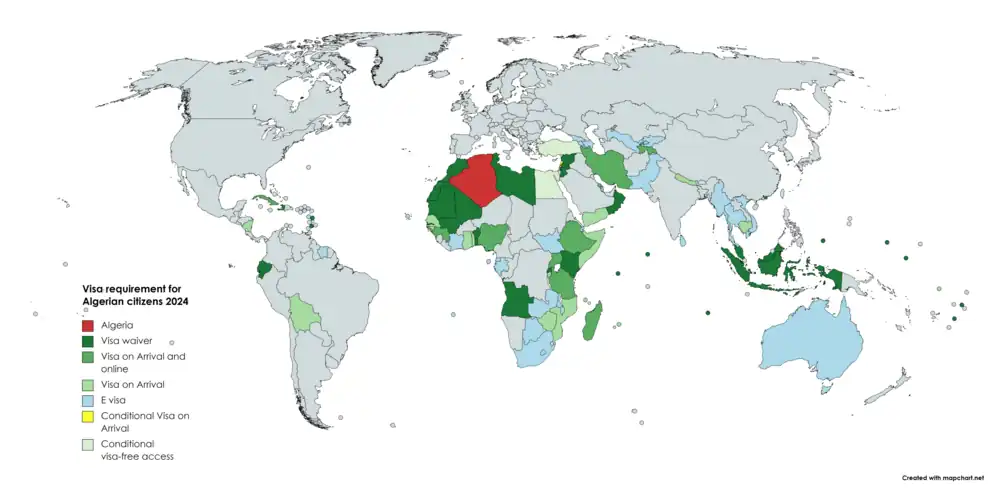 Visa requirements for Algerian citizens&nbsp;&nbsp;Algeria&nbsp;&nbsp;Visa free access&nbsp;&nbsp;Visa on arrival&nbsp;&nbsp;eVisa&nbsp;&nbsp;Visa available both on arrival or online&nbsp;&nbsp;Visa required