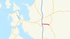 A map of western Skagit County that shows the current route SR&nbsp;538 highlighted in red.