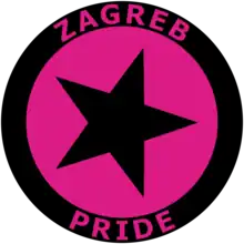 The logo depicts the black five-sided star tilted slightly to the left, the star is surrounded by the black circle. In the background, the star inside of the circle is colored pink, inside of the black circle in the same pink color there are letters spelling out "ZAGREB PRIDE". The five-sided star represents the five fingers of the worker's hand.