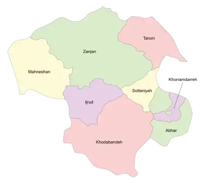 Location of Tarom County in Zanjan province (top, pink)