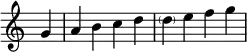 {
\override Score.TimeSignature #'stencil = ##f
\relative c'' {
\clef treble \time 1/4
g4
\time 4/4
a b c d \parenthesize d e f g
} }