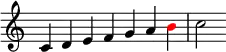 {
\override Score.TimeSignature #'stencil = ##f
\relative c' {
\clef treble \key c \major \time 7/4 c4 d e f g a \once \override NoteHead.color = #red b c2
} }
