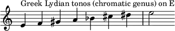 {
\override Score.TimeSignature #'stencil = ##f
\relative c' {
\clef treble \time 7/4
e4^\markup { Greek Lydian tonos (chromatic genus) on E } f gis a bes cis dis e2
} }