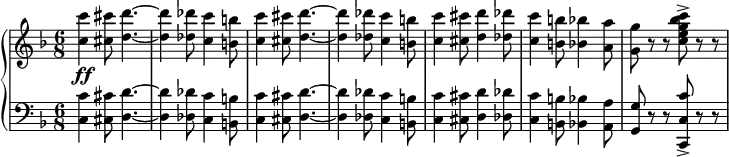 {
{ \new PianoStaff <<
\new Staff {
\relative c'' {
\set Score.tempoHideNote = ##t \tempo 4. = 120
\clef treble \time 6/8 \key f \major
<c c'>4\ff <cis cis'>8 <d d'>4.~
<d d'>4 <des des'>8 <c c'>4 <b b'>8
<c c'>4 <cis cis'>8 <d d'>4.~
<d d'>4 <des des'>8 <c c'>4 <b b'>8
<c c'>4 <cis cis'>8 <d d'>4 <des des'>8
<c c'>4 <b b'>8 <bes bes'>4 <a a'>8
<g g'>8 r r <c e g bes c>-> r r
}
}
\new Staff {
\relative c {
\clef bass \time 6/8 \key f \major
<c c'>4 <cis cis'>8 <d d'>4.~
<d d'>4 <des des'>8 <c c'>4 <b b'>8
<c c'>4 <cis cis'>8 <d d'>4.~
<d d'>4 <des des'>8 <c c'>4 <b b'>8
<c c'>4 <cis cis'>8 <d d'>4 <des des'>8
<c c'>4 <b b'>8 <bes bes'>4 <a a'>8
<g g'>8 r r <c, c' c'>-> r r
}
}
>> } }