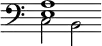 { \override Score.TimeSignature #'stencil = ##f \time 6/4 \clef bass << { <e a>1 } \\ { c2 b, } >> }