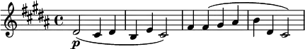 \relative c' { \set Staff.midiInstrument = #"string ensemble 1"
\key b \major \set Score.tempoHideNote = ##t \tempo 4 = 60
dis2(\p cis4 dis |
b4 e cis2) |
fis4 fis( gis ais |
b4 dis, cis2) |
}