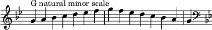 {
\omit Score.TimeSignature \relative c'' {
\key g \minor \time 7/4 g^"G natural minor scale" a bes c d es f g f es d c bes a g
\clef F \key g \minor
} }