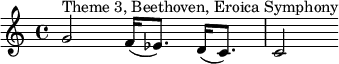 \relative c' {g'2^"Theme 3, Beethoven, Eroica Symphony" f16( ees8.) d16( c8.) c2}