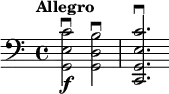 \relative c {
\time 4/4
\clef bass
\tempo "Allegro"
<g e' c'>2 \f \downbow <g d' b'> \downbow
<c, g' e' c'>2. \downbow
}