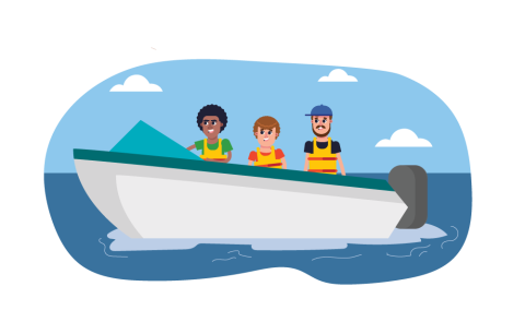 Three people on a boat wearing life jackets.